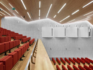 The image shows the interior of a large auditorium in a modern building. The seating is arranged in various sections and floors, with rows of chairs facing the stage. The auditorium is currently empty, but is designed to accommodate a large number of people, making it suitable for a variety of events and conferences. In the background, the white wall shows 4 simultaneous translation booths facing the stage. The architecture and interior design are impressive, highlighting the attention to detail and the use of natural light, which creates a welcoming and comfortable atmosphere.